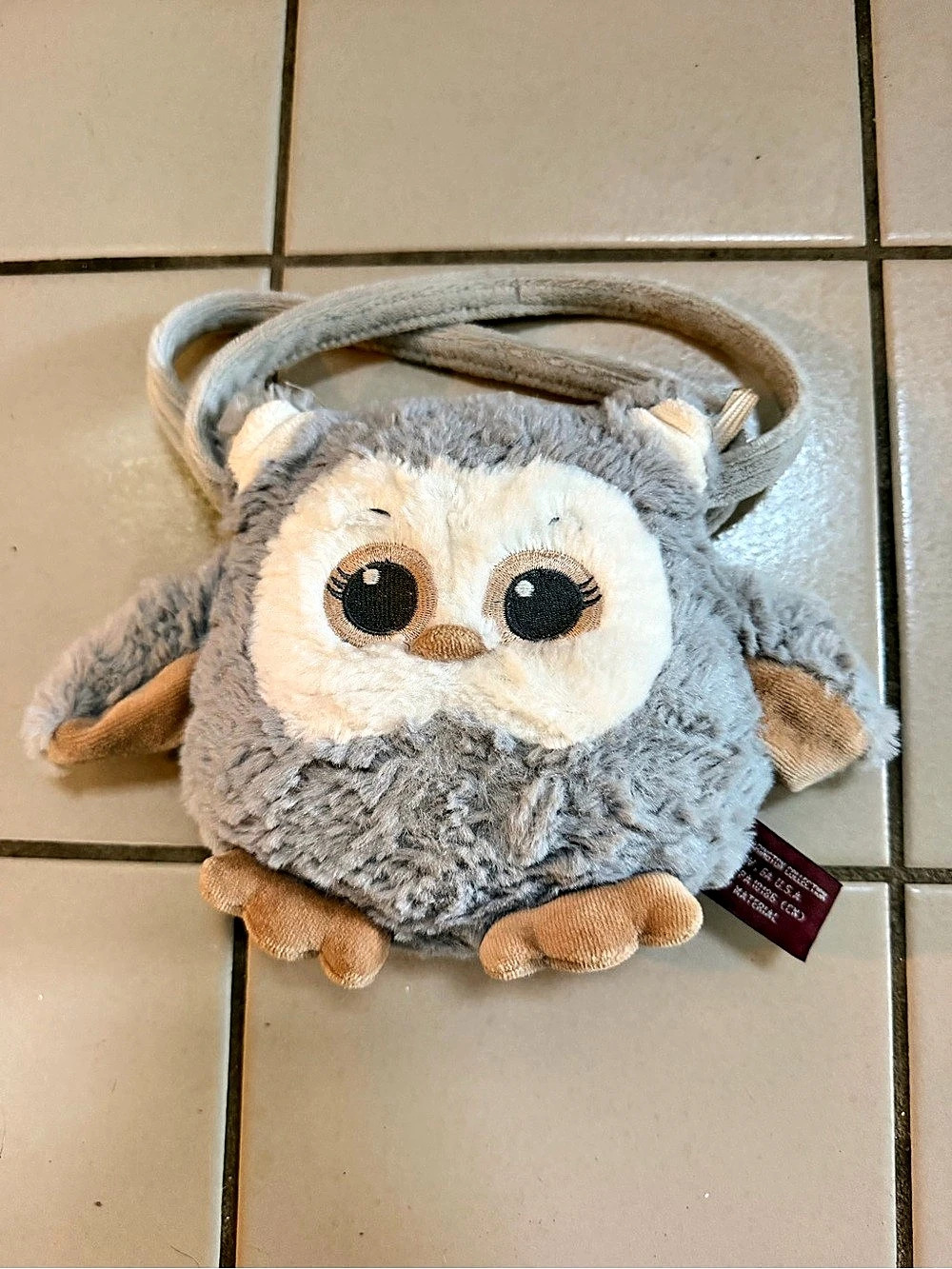 Bearington Collection Hooter Owl Plush Purse Gray Shaggy Carrysome Handbag 7"